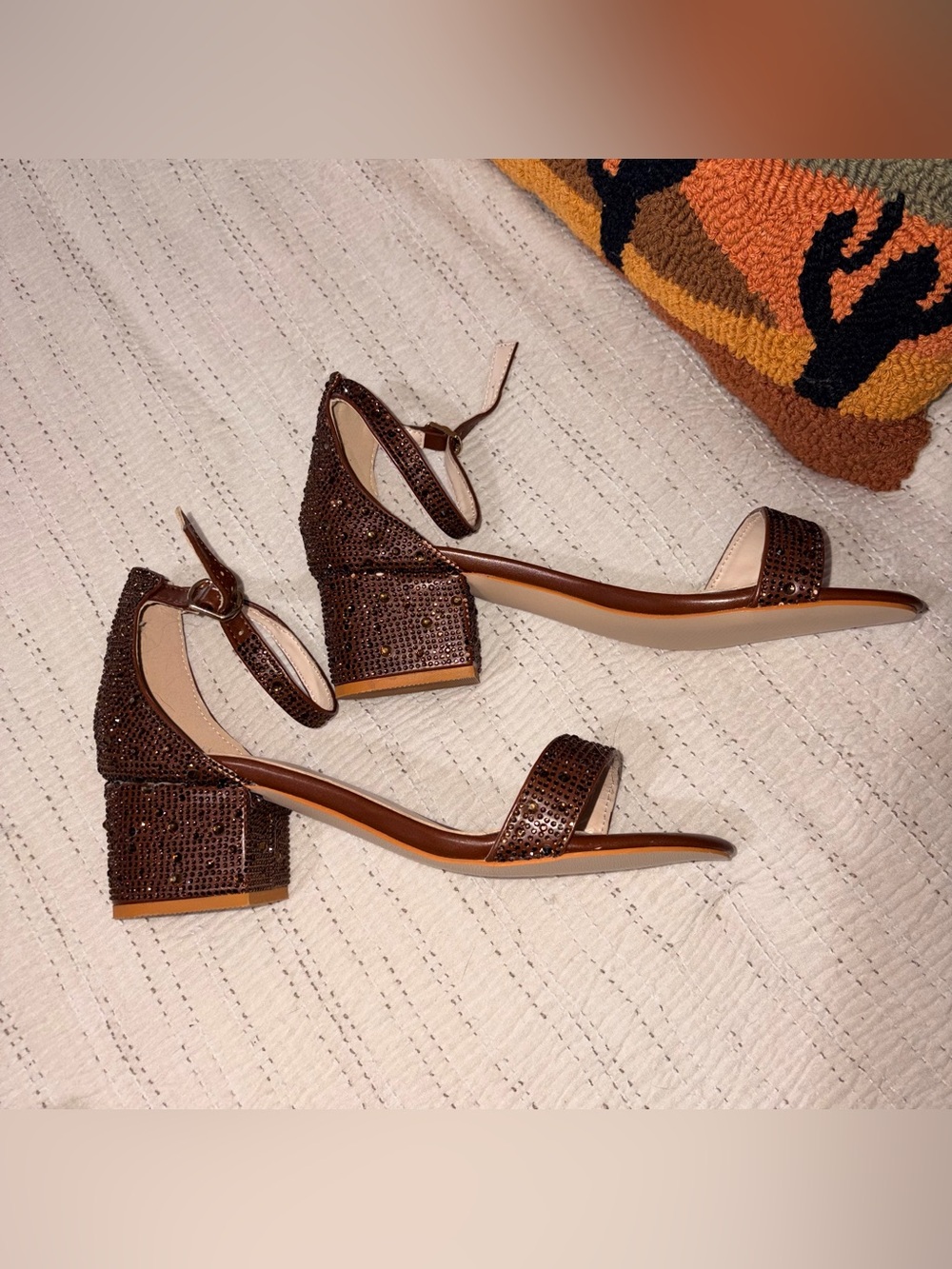 Brown Sparkle Ankle-Strap Block Heel Sandals